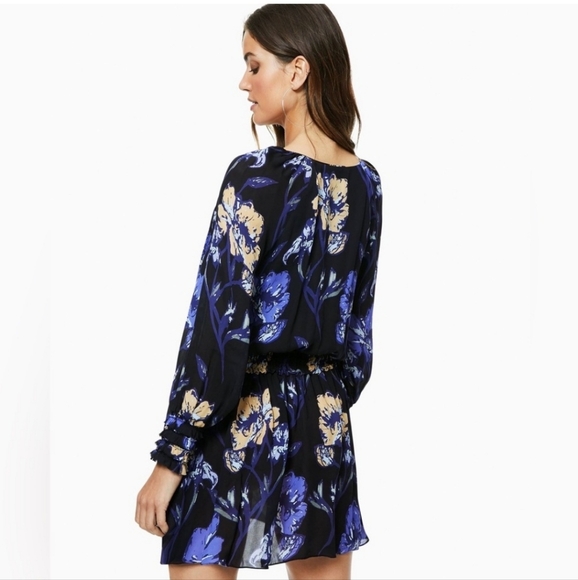 Ramy Brook Dresses & Skirts - Ramy Brook 100% Silk Black Floral Dress with Bishop Sleeves and V-Neck